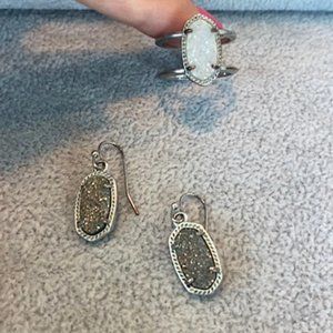 Kendra Scott Lee Silver Platinum Drop Earrings and Lee Silver Iridescent Ring
